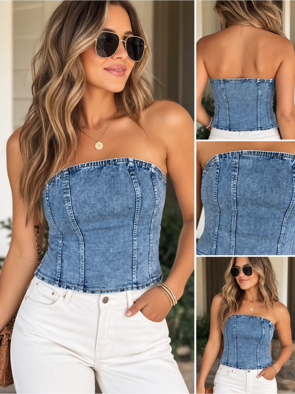 Strapless Denim Corset Top - Blue Medium